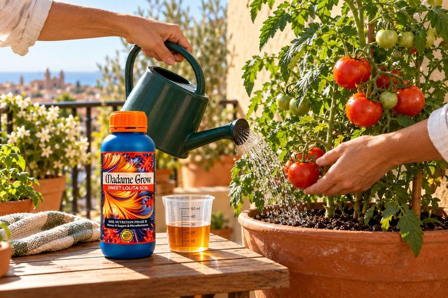 Eine Tomatenpflanze wird zu Hause gegossen